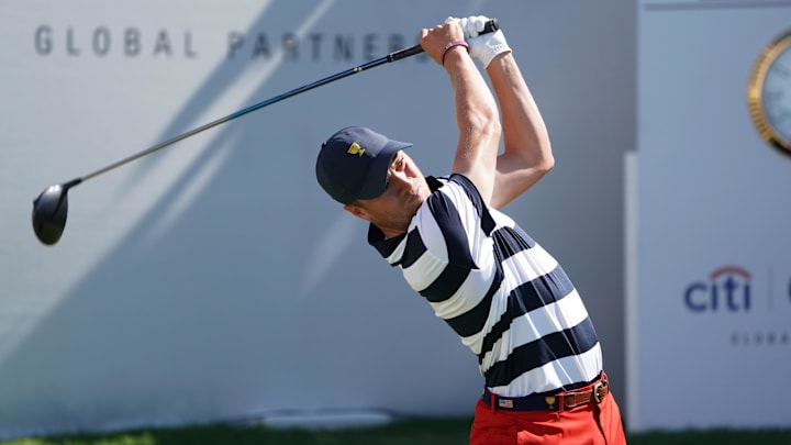Oct 1, 2017; Jersey City, NJ, USA; Justin Thomas tees off on the first hole during the final round