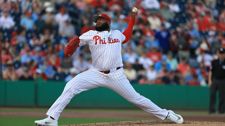 Mar 5, 2026; Clearwater, Florida, USA;  Philadelphia Phillies pitcher Jose Alvarado (46) throws a pitch during the fifth inning against the Boston Red Sox at BayCare Ballpark. Mandatory Credit: Kim Klement Neitzel-Imagn Images