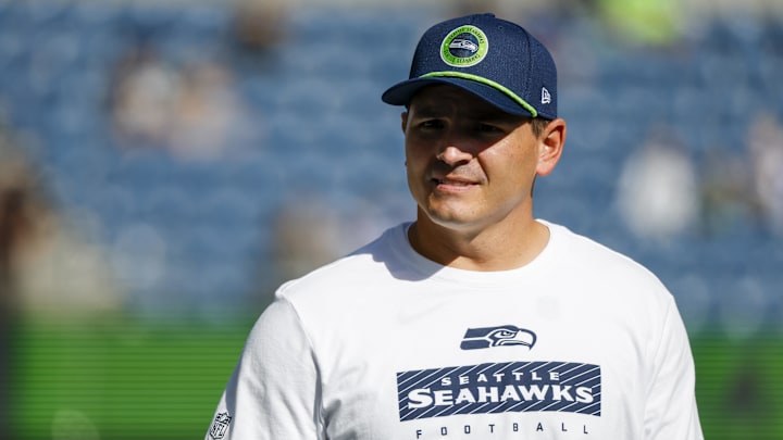 Oct 6, 2024; Seattle, Washington, USA; Seattle Seahawks head coach Mike Macdonald stands on the sideline during pregame warmups against the New York Giants at Lumen Field. Mandatory Credit: Joe Nicholson-Imagn Images Oct 6, 2024; Seattle, Washington, USA; Seattle Seahawks head coach Mike Macdonald stands on the sideline during pregame warmups against the New York Giants at Lumen Field. Mandatory Credit: Joe Nicholson-Imagn Images
