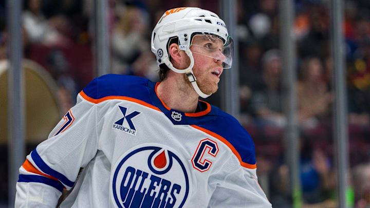 Nov 9, 2024; Vancouver, British Columbia, CAN; Edmonton Oilers forward Connor McDavid (97) during a stop in play against the Vancouver Canucks in the first period at Rogers Arena. Mandatory Credit: Bob Frid-Imagn Images