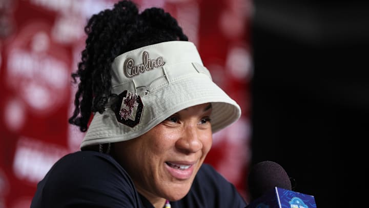 Apr 5, 2025; Tampa, FL, USA; South Carolina Gamecocks head coach Dawn Staley talks to media before practice at Amalie Arena. Mandatory Credit: Nathan Ray Seebeck-Imagn Images