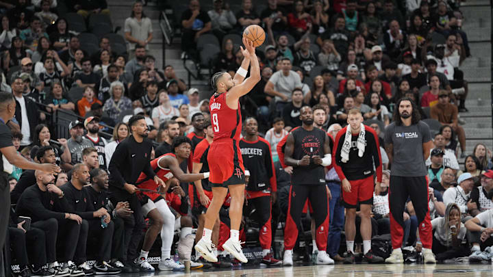 Oct 26, 2024; San Antonio, Texas, USA;  Houston Rockets forward Dillon Brooks (9) shoots in the second half against the San Antonio Spurs at Frost Bank Center. Mandatory Credit: Daniel Dunn-Imagn Images