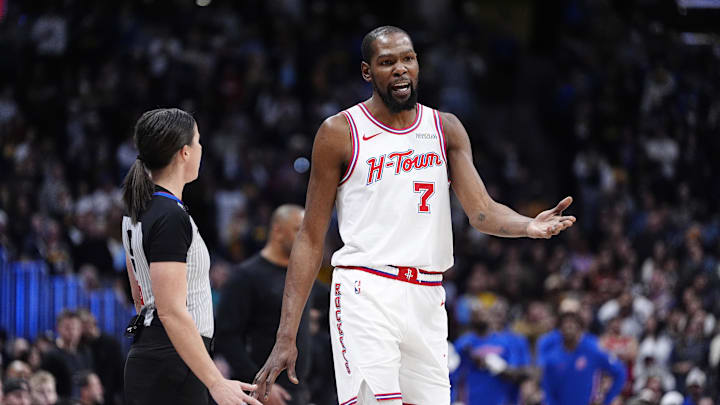 Dec 15, 2025; Denver, Colorado, USA; Houston Rockets forward Kevin Durant (7) reacts towards referee Natalie Sago (9) in overtime against the Denver Nuggets at Ball Arena. Mandatory Credit: Ron Chenoy-Imagn Images Dec 15, 2025; Denver, Colorado, USA; Houston Rockets forward Kevin Durant (7) reacts towards referee Natalie Sago (9) in overtime against the Denver Nuggets at Ball Arena. Mandatory Credit: Ron Chenoy-Imagn Images