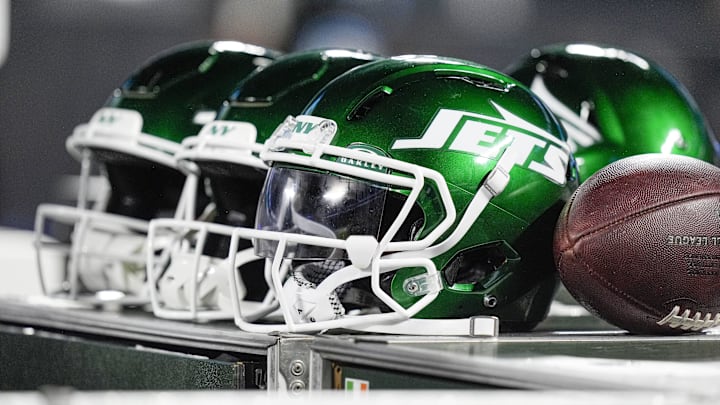 Aug 17, 2024; Charlotte, North Carolina, USA; New York Jets helmets during the second half against the Carolina Panthers at Bank of America Stadium. Mandatory Credit: Jim Dedmon-Imagn Images