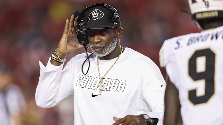Colorado Buffaloes head coach Deion Sanders reacts during the second quarter against the Houston Cougars at TDECU Stadium. Colorado Buffaloes head coach Deion Sanders reacts during the second quarter against the Houston Cougars at TDECU Stadium.