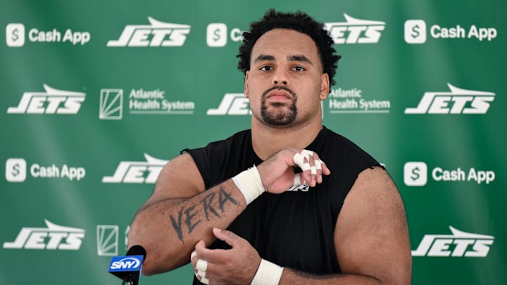 New York Jets guard Alijah Vera-Tucker (75) speaks to the media during training camp at Atlantic Health Jets Training Center. 