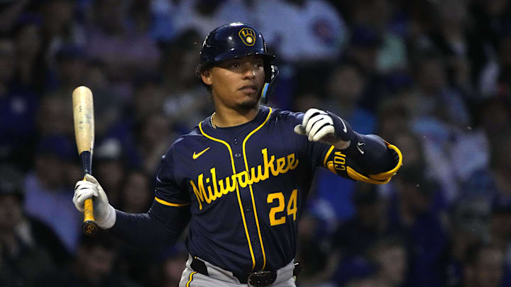 Mar 12, 2024; Mesa, Arizona, USA; Milwaukee Brewers catcher William Contreras goes 3-4, with 4 RBI's.