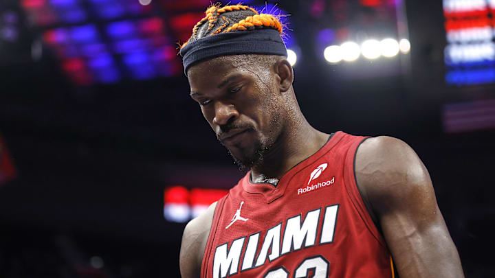 Dec 16, 2024; Detroit, Michigan, USA; Miami Heat forward Jimmy Butler (22) walks off the court after the game against the Detroit Pistons at Little Caesars Arena. Mandatory Credit: Rick Osentoski-Imagn Images Dec 16, 2024; Detroit, Michigan, USA; Miami Heat forward Jimmy Butler (22) walks off the court after the game against the Detroit Pistons at Little Caesars Arena. Mandatory Credit: Rick Osentoski-Imagn Images