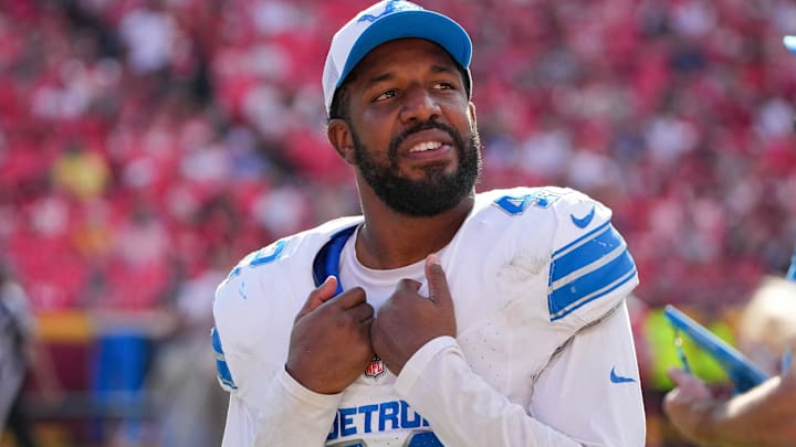 Aug 17, 2024; Kansas City, Missouri, USA; Detroit Lions linebacker Jalen Reeves-Maybin (42) on the sidelines against the Kansas City Chiefs during the game at GEHA Field at Arrowhead Stadium.
