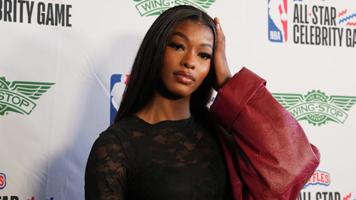 Feb 14, 2025; Oakland, California, USA; Rickea Jackson before the celebrity game ahead of the 2025 NBA All Star Game at Oakland Arena. Mandatory Credit: Darren Yamashita-Imagn Images