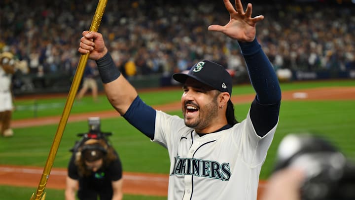 Oct 17, 2025; Seattle, Washington, USA; Seattle Mariners third baseman Eugenio Suarez (28) celebrates after winning game five of the ALCS round for the 2025 MLB playoffs against the Toronto Blue Jays at T-Mobile Park. Mandatory Credit: Steven Bisig-Imagn Images