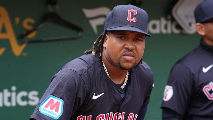 Mar 30, 2024; Oakland, California, USA; Cleveland Guardians designated hitter Jose Ramirez (11) leaves the dugout before the game against the Oakland Athletics at Oakland-Alameda County Coliseum. Mandatory Credit: Darren Yamashita-USA TODAY Sports