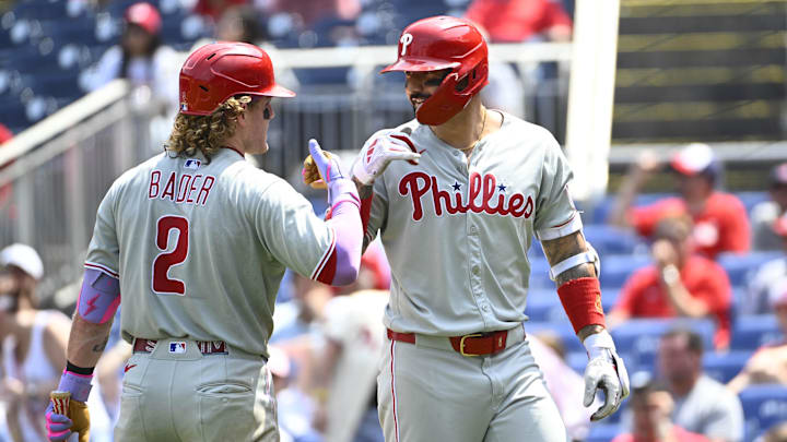 Aug 17, 2025; Washington, District of Columbia, USA; Philadelphia Phillies right fielder Nick Castellanos (right) is congratulated by center fielder Harrison Bader (2) after hitting a home run against the Washington Nationals during the sixth inning at Nationals Park. Mandatory Credit: Brad Mills-Imagn Images Aug 17, 2025; Washington, District of Columbia, USA; Philadelphia Phillies right fielder Nick Castellanos (right) is congratulated by center fielder Harrison Bader (2) after hitting a home run against the Washington Nationals during the sixth inning at Nationals Park. Mandatory Credit: Brad Mills-Imagn Images