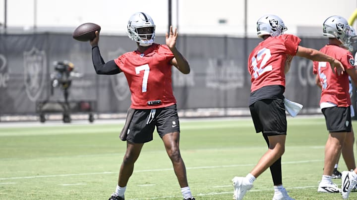 Jun 11, 2025; Henderson, NV, USA; Las Vegas Raiders quarterback Geno Smith (7) throws the ball during Las Vegas Raiders Minicamp at Intermountain Health Performance Center. Mandatory Credit: Candice Ward-Imagn Images