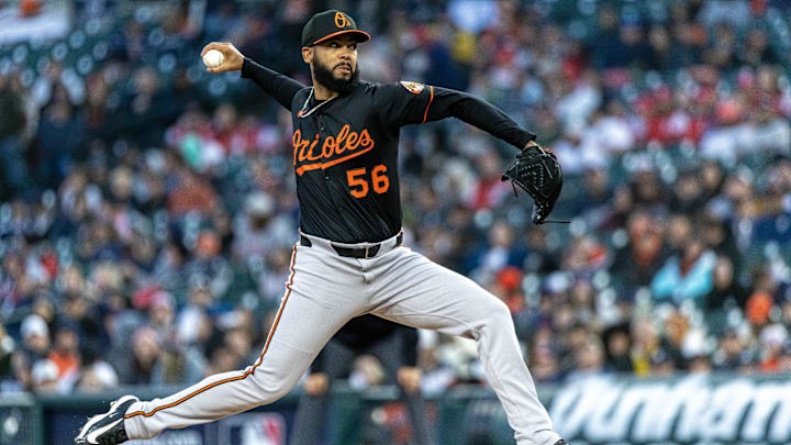 Apr 26, 2025; Detroit, Michigan, USA; Baltimore Orioles pitcher Seranthony Domínguez (56) delivers in the sixth inning during game two of a double header against the Detroit Tigers at Comerica Park. 