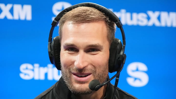 Feb 6, 2026; San Francisco, CA, USA; Kirk Cousins on the Opening Drive show at the SiriusXM NFL radio set at the Super Bowl LX media center at the Moscone Center. Mandatory Credit: Kirby Lee-Imagn Images