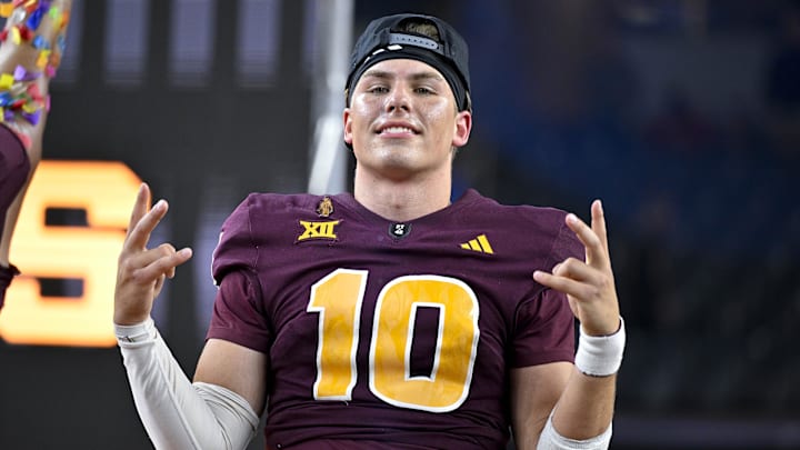 Arizona State Sun Devils quarterback Sam Leavitt (10) celebrates after the Sun Devils beat the Iowa State Cyclones to win the 2024 Big 12 Championship. Arizona State Sun Devils quarterback Sam Leavitt (10) celebrates after the Sun Devils beat the Iowa State Cyclones to win the 2024 Big 12 Championship.