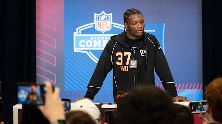 Feb 27, 2026; Indianapolis, IN, USA; Ohio State wideout Carnell Tate (WO37) speaks to members of the media during the NFL Combine at the Indiana Convention Center. Mandatory Credit: Jacob Musselman-Imagn Images