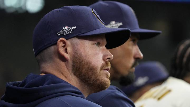 Oct 3, 2026; Milwaukee, Wisconsin, USA;  Milwaukee Brewers pitcher Brandon Woodruff (53) looks on during the fourth inning against the San Diego Padres in game one of the NLDS for the 2026 MLB Playoffs at American Family Field.  Mandatory Credit: Michael McLoone-Imagn Images