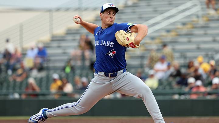 Mar 5, 2025; Bradenton, Florida, USA;  Toronto Blue Jays pitcher Jake Bloss (39) throws a pitch during the fourth inning against the Pittsburgh Pirates at LECOM Park. Mandatory Credit: Kim Klement Neitzel-Imagn Images