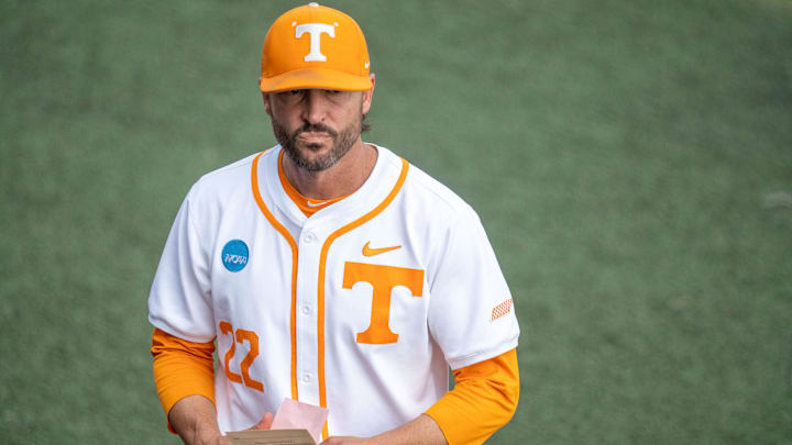 Tennessee baseball coach Tony Vitello goes to the dugout after the officials meeting for the NCAA college baseball Knoxville Regional final against Wake Forest on June 2, 2025, in Knoxville, Tenn. Tennessee baseball coach Tony Vitello goes to the dugout after the officials meeting for the NCAA college baseball Knoxville Regional final against Wake Forest on June 2, 2025, in Knoxville, Tenn.