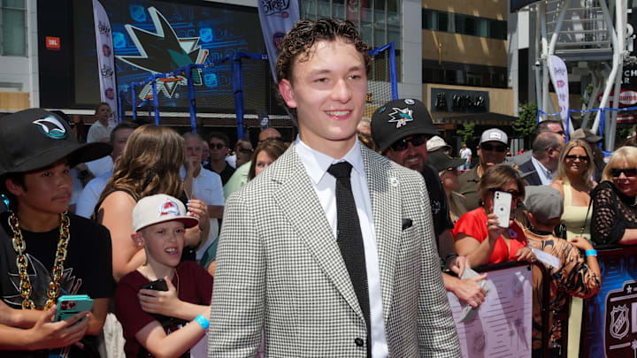 Jun 27, 2025; Los Angeles, California, USA; Matthew Schaefer arrives to the first round of the 2025 NHL Draft at Peacock Theater. Mandatory Credit: Kirby Lee-Imagn Images
