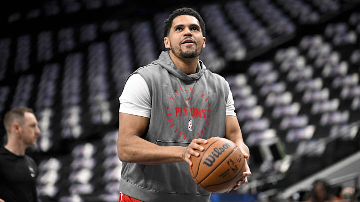 Mar 21, 2025; Dallas, Texas, USA; Detroit Pistons forward Tobias Harris (12) warms up before the game between the Dallas Mavericks and the Detroit Pistons at the American Airlines Center. Mandatory Credit: Jerome Miron-Imagn Images