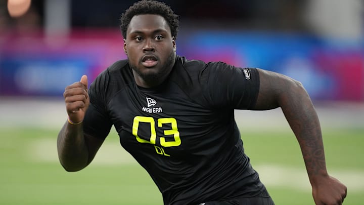Georgia Tech defensive lineman Zeek Biggers (DL03) participates in drills during the 2025 NFL Combine at Lucas Oil Stadium.