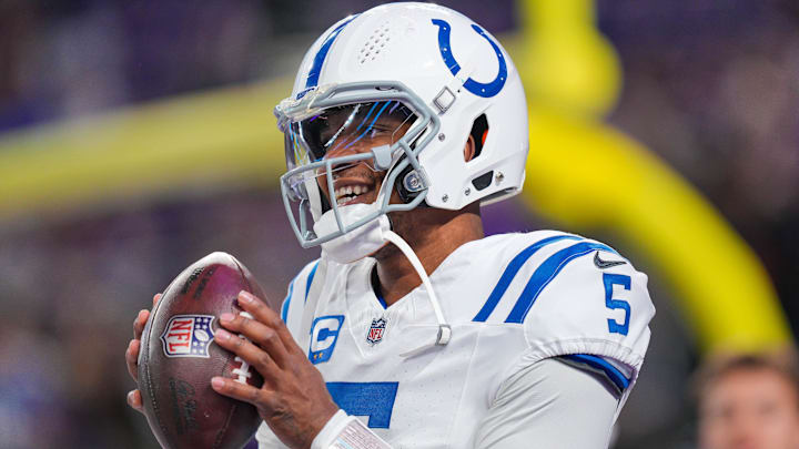 Nov 3, 2024; Minneapolis, Minnesota, USA; Indianapolis Colts quarterback Anthony Richardson (5) warms up before the game against the Minnesota Vikings at U.S. Bank Stadium. Mandatory Credit: Brad Rempel-Imagn Images