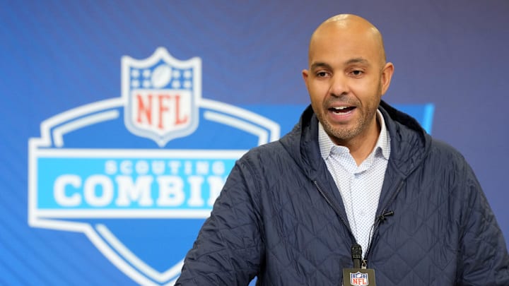 Feb 24, 2026; Indianapolis, IN, USA; Atlanta Falcons general manager Ian Cunningham speaks at the NFL Scouting Combine at the Indiana Convention Center. Mandatory Credit: Kirby Lee-Imagn Images