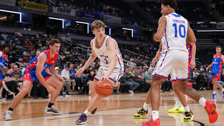 Indiana All-Star and Mr. Basketball Braylon Mullins (1) rushes up the court Saturday, June 7, 2025, during the Indiana vs. Kentucky All-Star game at Gainbridge Fieldhouse in Indianapolis. Indiana All-Star and Mr. Basketball Braylon Mullins (1) rushes up the court Saturday, June 7, 2025, during the Indiana vs. Kentucky All-Star game at Gainbridge Fieldhouse in Indianapolis.