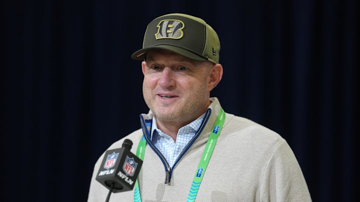 Feb 24, 2026; Indianapolis, IN, USA; Cincinnati Bengals general manager Duke Tobin speaks at the NFL Scouting Combine at the Indiana Convention Center. Mandatory Credit: Kirby Lee-Imagn Images