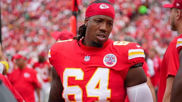 Sep 14, 2025; Kansas City, Missouri, USA; Kansas City Chiefs Wanya Morris (64) during the second half of the game against the Philadelphia Eagles at GEHA Field at Arrowhead Stadium. Mandatory Credit: Denny Medley-Imagn Images