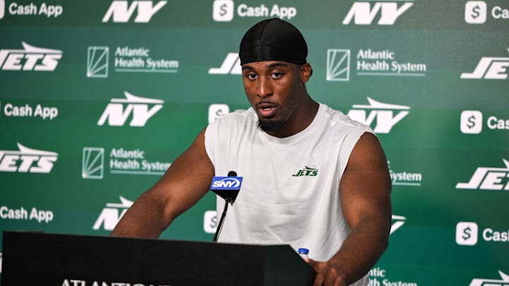 Jun 11, 2025; Florham Park, NY, USA; New York Jets running back Breece Hall (20) speaks at a press conference during minicamp at Atlantic Health Jets Training Center. Mandatory Credit: John Jones-Imagn Images
