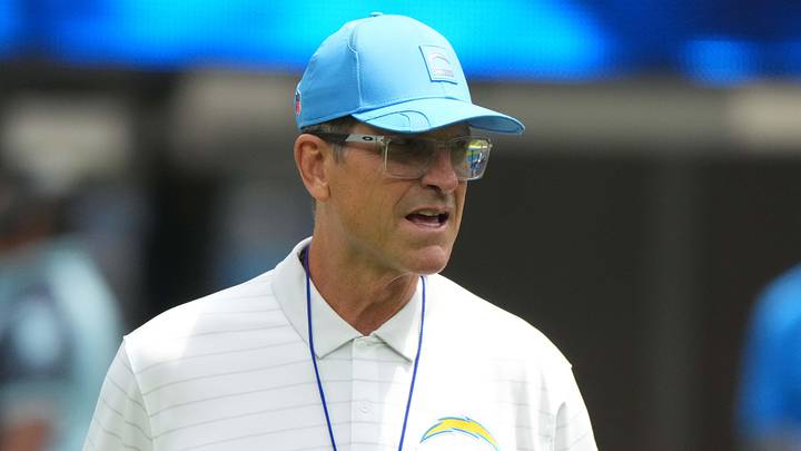 Aug 10, 2025; Inglewood, California, USA; Los Angeles Chargers head coach Jim Harbaugh reacts during the game against he New Orleans Saints at SoFi Stadium. Mandatory Credit: Kirby Lee-Imagn Images