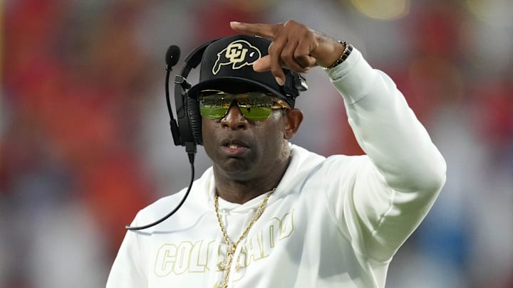 Oct 28, 2023; Pasadena, California, USA; Colorado Buffaloes head coach Deion Sanders reacts against the UCLA Bruins in the first half at Rose Bowl. 