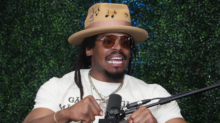 Feb 7, 2025; New Orleans, LA, USA; Cam Newton on Radio Row at the Super Bowl LIX media center. Mandatory Credit: Kirby Lee-Imagn Images