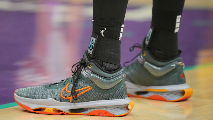 Jul 7, 2024; Los Angeles, California, USA; The Nike shoes worn by Phoenix Mercury center Brittney Griner (42) against the LA Sparks in the second half at Crypto.com Arena. Mandatory Credit: Kirby Lee-Imagn Images