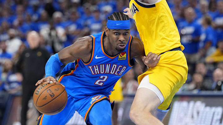 Jun 8, 2025; Oklahoma City, Oklahoma, USA; Oklahoma City Thunder guard Shai Gilgeous-Alexander (2) drives to the basket against Indiana Pacers forward Johnny Furphy (12) during the second half during game two of the 2025 NBA Finals at Paycom Center. Mandatory Credit: Kyle Terada-Imagn Images