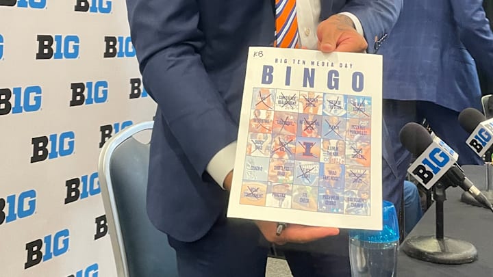 Kylan Boswell shows off his Big Ten media day BINGO card, which he and teammate Ty Rodgers filled out based on questions they received from the media. Kylan Boswell shows off his Big Ten media day BINGO card, which he and teammate Ty Rodgers filled out based on questions they received from the media.