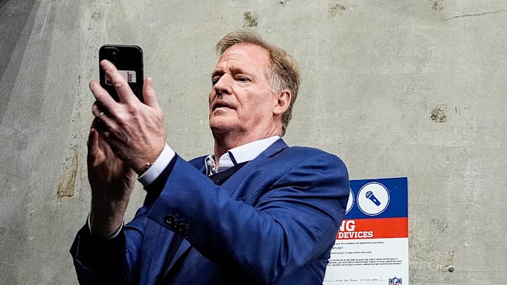 NFL commissioner Roger Goodell takes a selfie with Detroit Lions fans before the game between Indianapolis Colts and Detroit Lions at Lucas Oil Stadium on Sunday, Nov. 24, 2024. NFL commissioner Roger Goodell takes a selfie with Detroit Lions fans before the game between Indianapolis Colts and Detroit Lions at Lucas Oil Stadium on Sunday, Nov. 24, 2024.