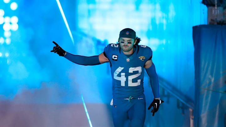 Jacksonville Jaguars safety Andrew Wingard (42) is introduced before a regular season NFL football matchup Sunday, Dec. 17, 2023 at EverBank Stadium in Jacksonville, Fla. The Baltimore Ravens defeated the Jacksonville Jaguars 23-7. [Corey Perrine/Florida Times-Union]