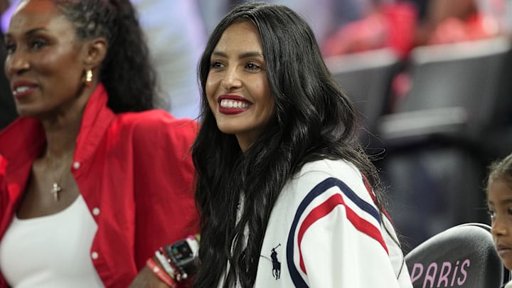 Vanessa Bryant looks on before the women's gold medal game between France and the United States during the Paris 2024 Olympic Summer Games at Accor Arena.