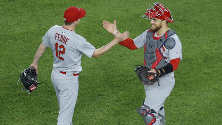 May 9, 2025; Washington, District of Columbia, USA; St. Louis Cardinals pitcher Erick Fedde (12) celebrates with Cardinals catcher Pedro Pagés (43) after throwing a complete game shutout against the Washington Nationals at Nationals Park. Mandatory Credit: Geoff Burke-Imagn Images May 9, 2025; Washington, District of Columbia, USA; St. Louis Cardinals pitcher Erick Fedde (12) celebrates with Cardinals catcher Pedro Pagés (43) after throwing a complete game shutout against the Washington Nationals at Nationals Park. Mandatory Credit: Geoff Burke-Imagn Images