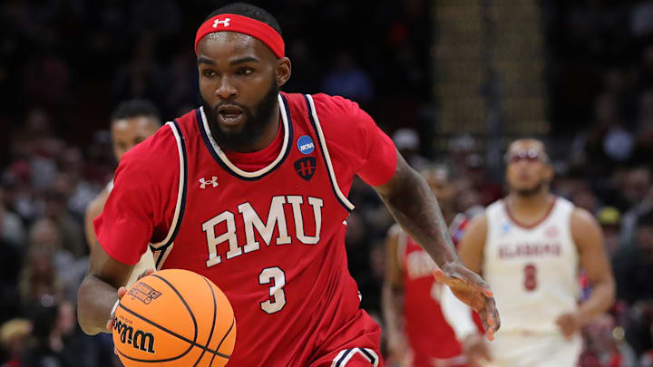 Robert Morris Colonials guard Amarion Dickerson (3) drives to the basket during the first half of an NCAA Tournament First Round game at Rocket Arena on Friday, March 21, 2025, in Cleveland, Ohio.