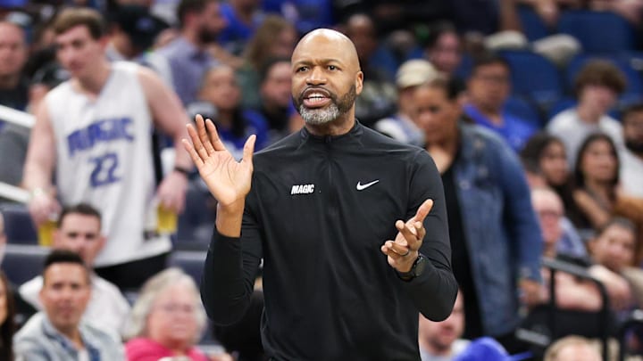 Orlando Magic head coach Jamahl Mosley directs his team against the Atlanta Hawks in the first quarter at Kia Center.