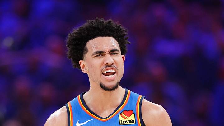 May 18, 2026; Oklahoma City, Oklahoma, USA; Oklahoma City Thunder guard Jared McCain (3) reacts in the second quarter against the San Antonio Spurs during game one of the western conference finals for the 2026 NBA playoffs at Paycom Center. Mandatory Credit: Alonzo Adams-Imagn Images May 18, 2026; Oklahoma City, Oklahoma, USA; Oklahoma City Thunder guard Jared McCain (3) reacts in the second quarter against the San Antonio Spurs during game one of the western conference finals for the 2026 NBA playoffs at Paycom Center. Mandatory Credit: Alonzo Adams-Imagn Images