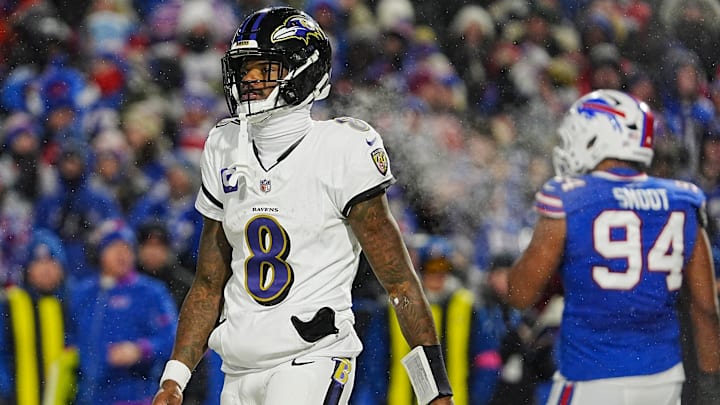 Baltimore Ravens quarterback Lamar Jackson reacts to not getting the two-point conversion attempt against the Buffalo Bills Baltimore Ravens quarterback Lamar Jackson reacts to not getting the two-point conversion attempt against the Buffalo Bills