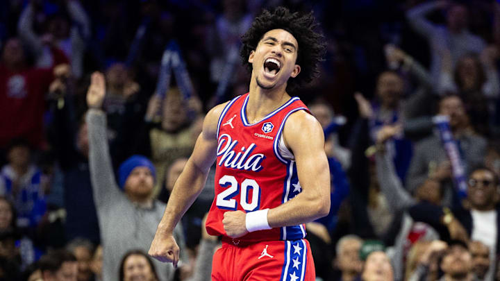 Nov 22, 2024; Philadelphia, Pennsylvania, USA; Philadelphia 76ers guard Jared McCain (20) reacts to his three pointer against the Brooklyn Nets during the fourth quarter at Wells Fargo Center. Mandatory Credit: Bill Streicher-Imagn Images Nov 22, 2024; Philadelphia, Pennsylvania, USA; Philadelphia 76ers guard Jared McCain (20) reacts to his three pointer against the Brooklyn Nets during the fourth quarter at Wells Fargo Center. Mandatory Credit: Bill Streicher-Imagn Images