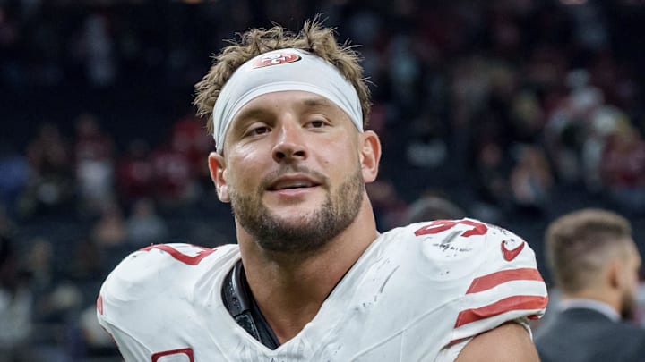 Sept. 14, 2025; New Orleans, Louisiana, USA; San Francisco 49ers defensive end Nick Bosa (97) leaves the field at Caesars Superdome.
